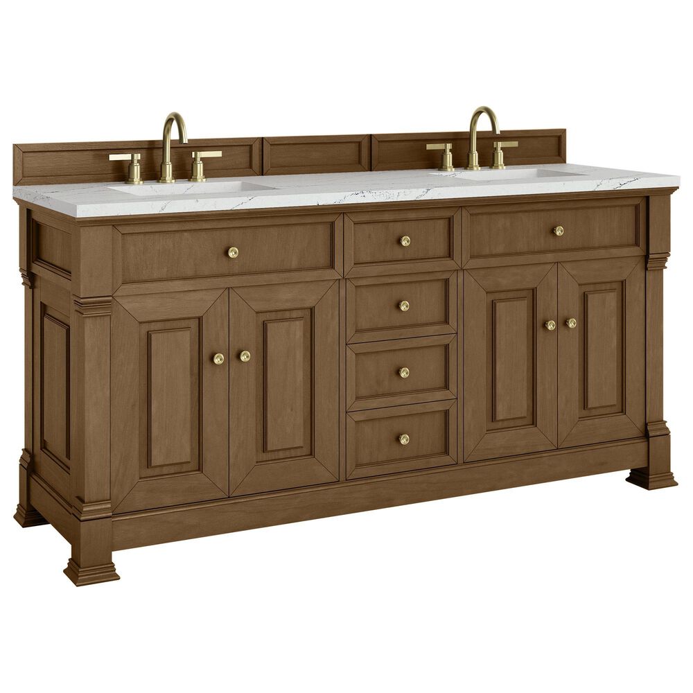 James Martin Vanities Brookfield 72" Double Bathroom Vanity in Honey Oak with 3cm Ethereal Noctis Quartz Top and Rectangular Sinks, , large