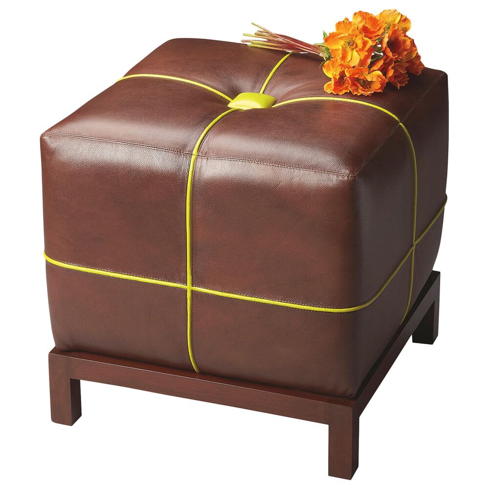 Butler Leather Bunching Ottoman with Contrasting Welt, , large