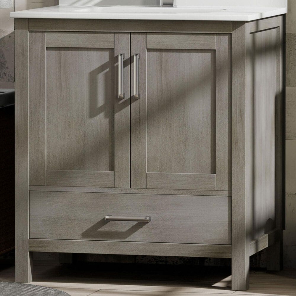 Lexora Home Jacques 30" Single Bathroom Vanity in Distressed Grey with 2 cm White Quartz Top and Rectangular Sink, , large