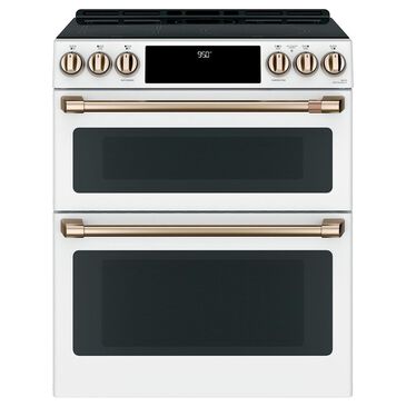 Cafe 30" Slide-In Front Control Induction and Convection Double Oven Range in Matte White  With Brushed Bronze Handles and Control Knobs, , large