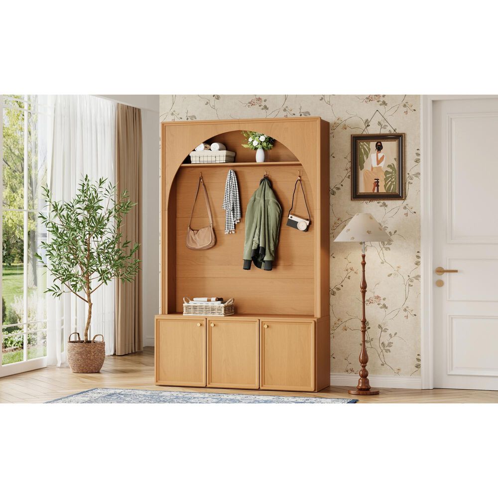 HOMLUX 4-Hook Hall Tree with Entryway Storage Bench in Natural, , large
