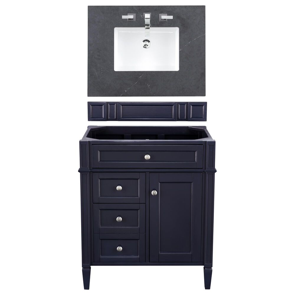 James Martin Vanities Brittany 30" Single Bathroom Vanity in Victory Blue with 3 cm Charcoal Soapstone Quartz Top and Rectangle Sink, , large