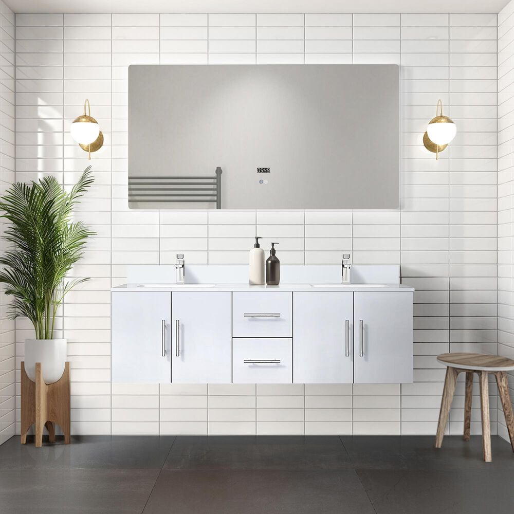 Lexora Home Geneva 60&quot; Double Bathroom Vanity in Dark Grey with 2 cm White Cultured Marble Top, Rectangular Sinks and 60&quot; LED Mirror, , large