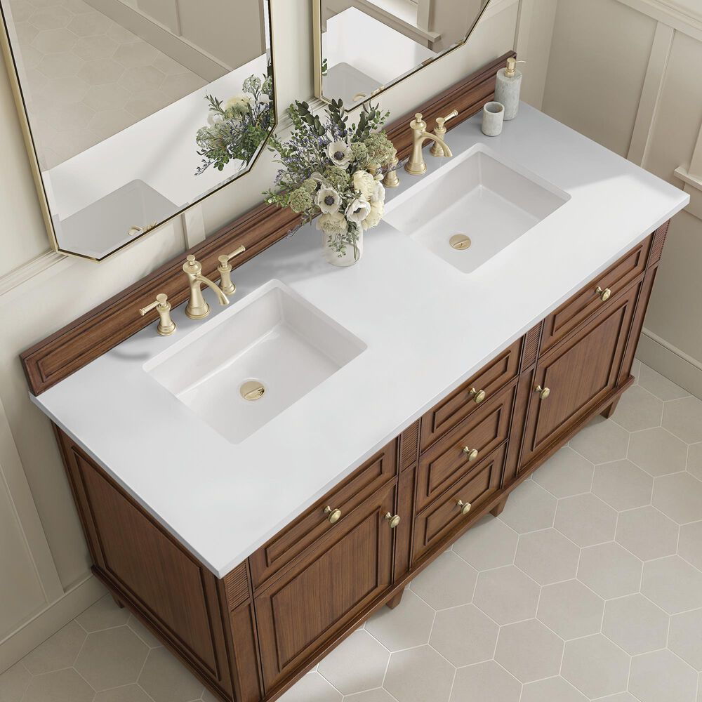 James Martin Vanities Lorelai 60&quot; Double Vanity in Mid-Century Walnut with 3 cm White Zeus Quartz Top, , large