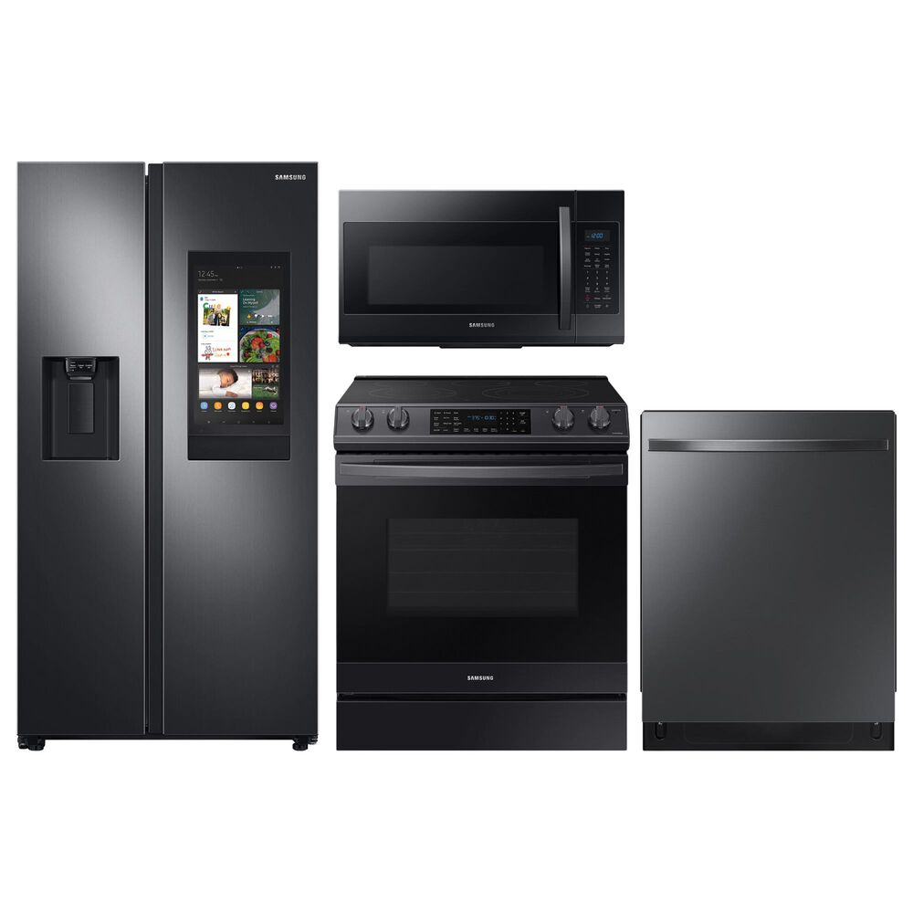 Samsung 4-Piece Kitchen Package with 22 Cu. Ft. Side-by-Side Refrigerator and Electric Range in Black Stainless Steel, , large