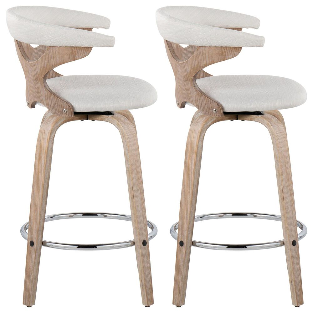 LumiSource Gardenia Swivel Fixed-Height Counter Stool with Cream Fabric Upholstery in Chrome and Whitewashed (Set of 2), , large