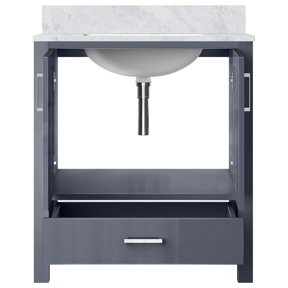 Lexora Home Jacques 30&quot; Single Bathroom Vanity in Dark Grey with 2 cm White Carrara Marble Top and Rectangular Sink, , large