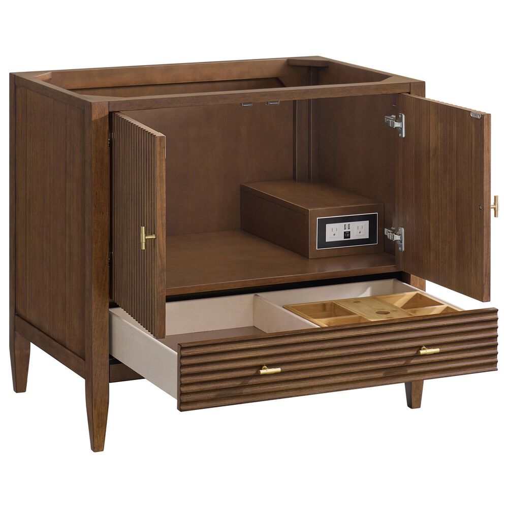 James Martin Vanities Myrrin 36&quot; Vanity in Mid-Century Walnut with 3 cm Eternal Marfil Quartz Top, , large