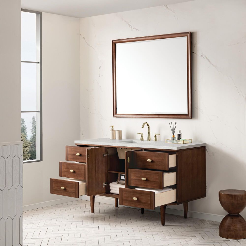 James Martin Vanities Amberly 60&quot; Single Bathroom Vanity in Mid-Century Walnut with 3 cm Lime Delight Quartz Top and Rectangular Sink, , large