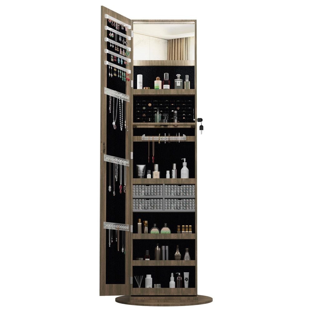 GigaCloud Swivel Jewelry Cabinet with Full Length Mirror and Locking Mechanism in Brown, , large