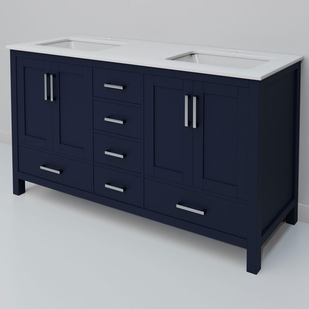 Lexora Home Jacques 60" Double Bathroom Vanity in Navy Blue with 2 cm White Quartz Top and Rectangular Sinks, , large