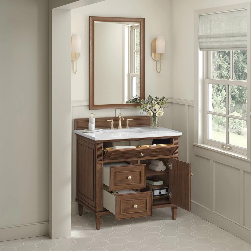 James Martin Vanities Lorelai 36&quot; Single Vanity in Mid-Century Walnut with Single Hole 3 cm and White Zeus Quartz Top &amp; Backsplash, , large