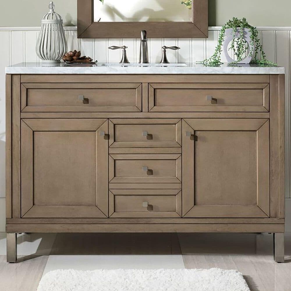 James Martin Vanities Chicago 48&quot; Single Bathroom Vanity in Whitewashed Walnut with 3 cm Carrara White Marble Top and Rectangular Sink, , large