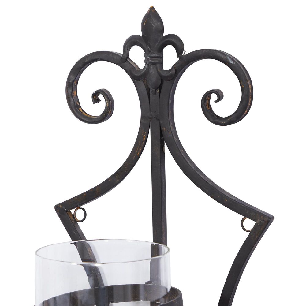 Maple and Jade 31&quot; Single Fleur De Lis Indoor/Outdoor Wall Mount Candle Holder in Weathered Black, Copper and Clear, , large