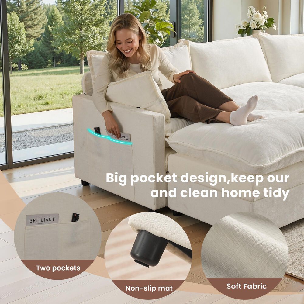 HOMLUX 107.87" Ultra-Comfort Chenille Sectional Sofa Set in White, , large