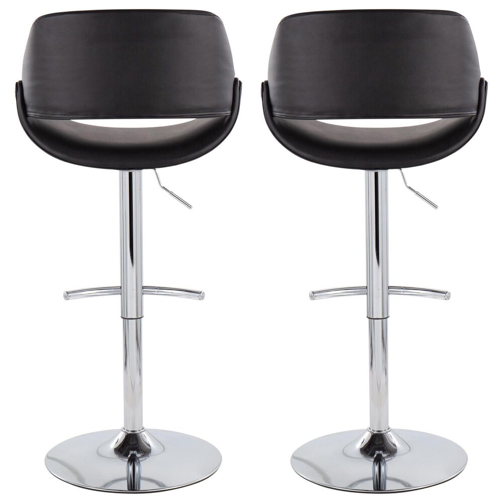 LumiSource Fabrico Swivel Adjustable Bar Stool with Black Faux Leather Upholstery and Rounded T Footrest in Chrome (Set of 2), , large