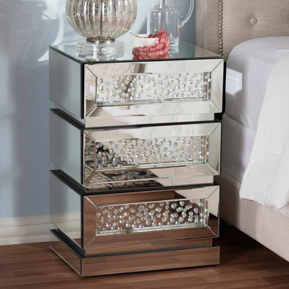 Baxton Studio Sabrina Mirrored 3-Drawer End Table in Silver, , large