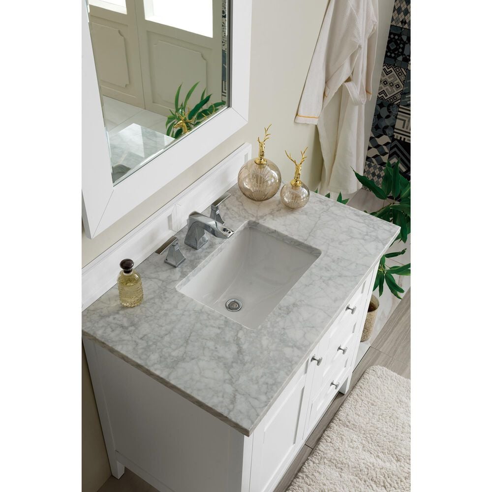 James Martin Vanities Palisades 36&quot; Single Bathroom Vanity in Bright White with 3 cm Carrara White Marble Top and Rectangular Sink, , large