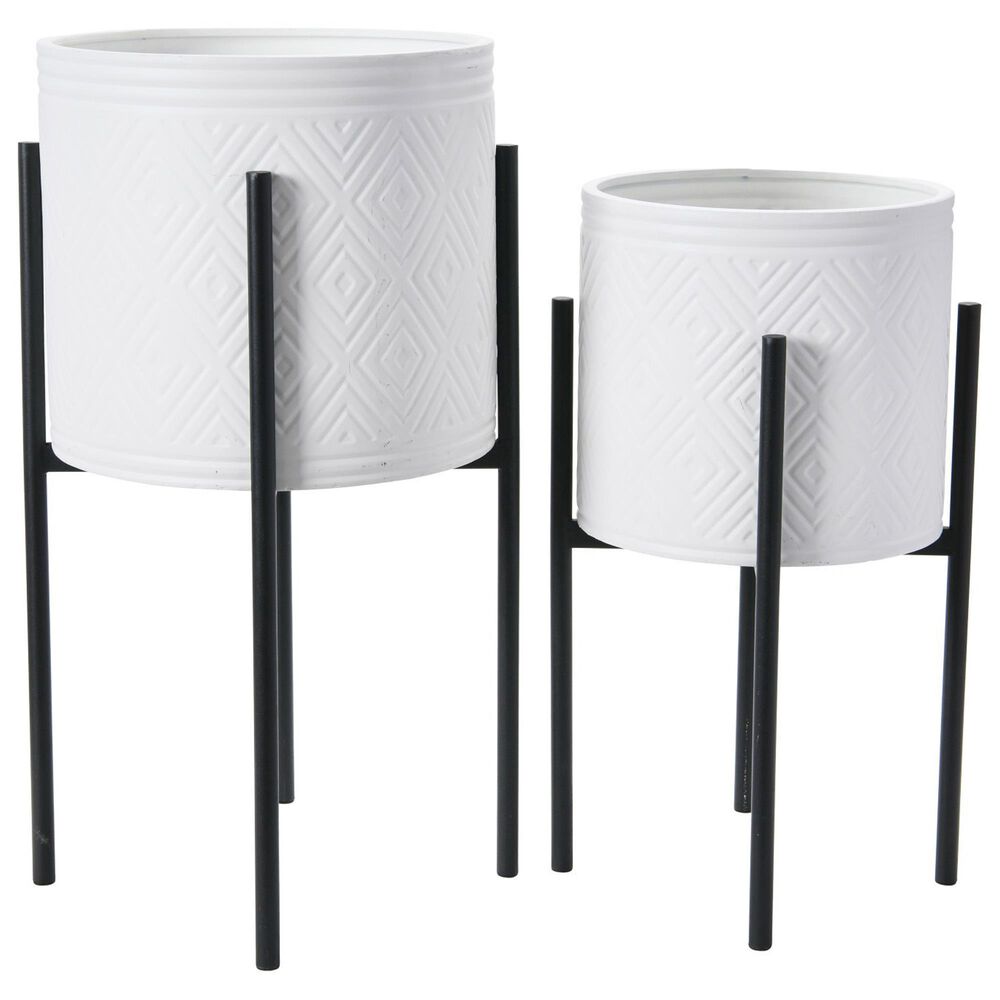 Creative Coop 2-Piece Modern Boho Embossed Metal Planter with Stand Set in White and Black, , large