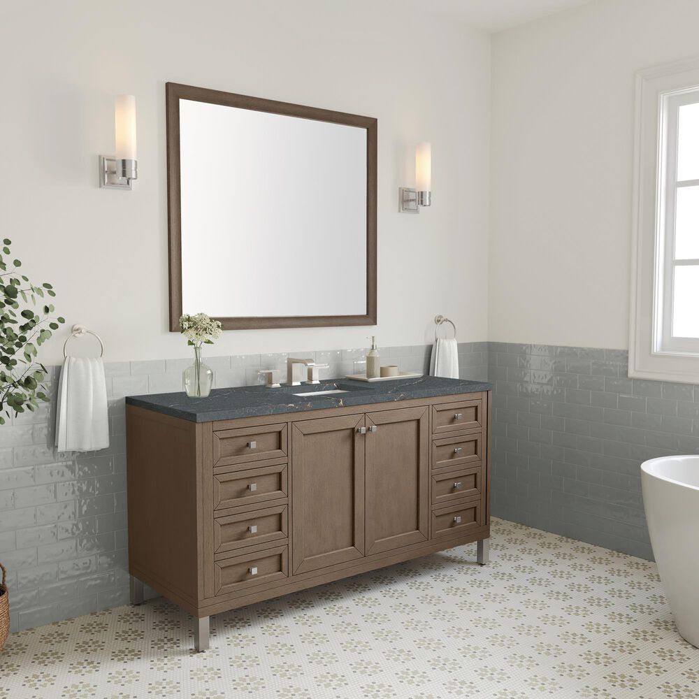 James Martin Vanities Chicago 60&quot; Single Bathroom Vanity in Whitewashed Walnut with 3 cm Parisien Bleu Quartz Top and Rectangular Sink, , large