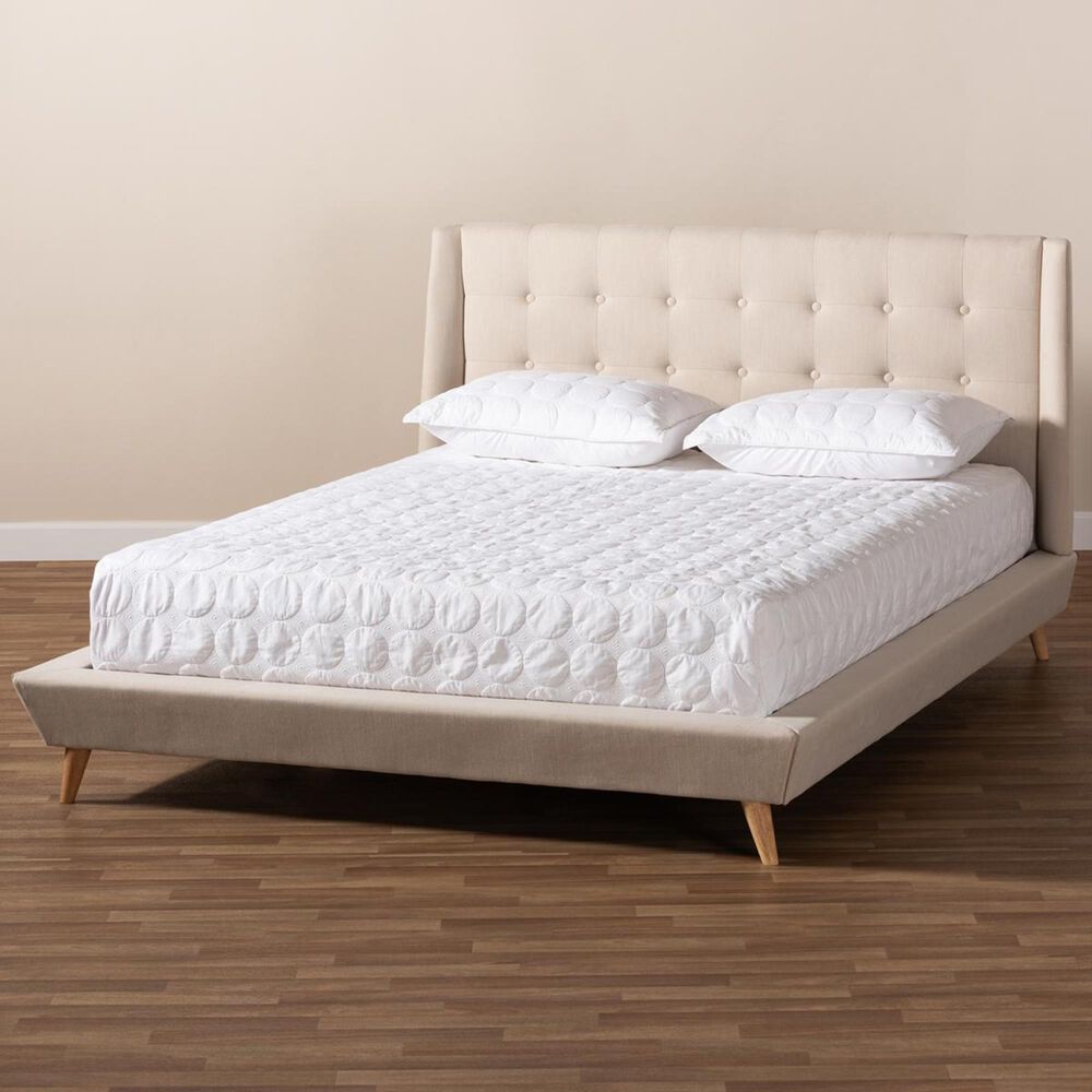 Baxton Studio Naya King Upholstered Wingback Platform Bed in Beige, , large