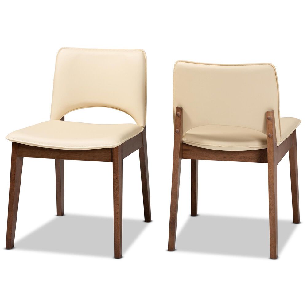 Baxton Studio Afton Side Chair with Beige Faux Leather in Walnut Brown (Set of 2), , large