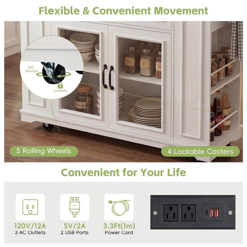 HOMLUX 54" Mobile Kitchen Island with Glass Door Storage in Walnut and White, , large