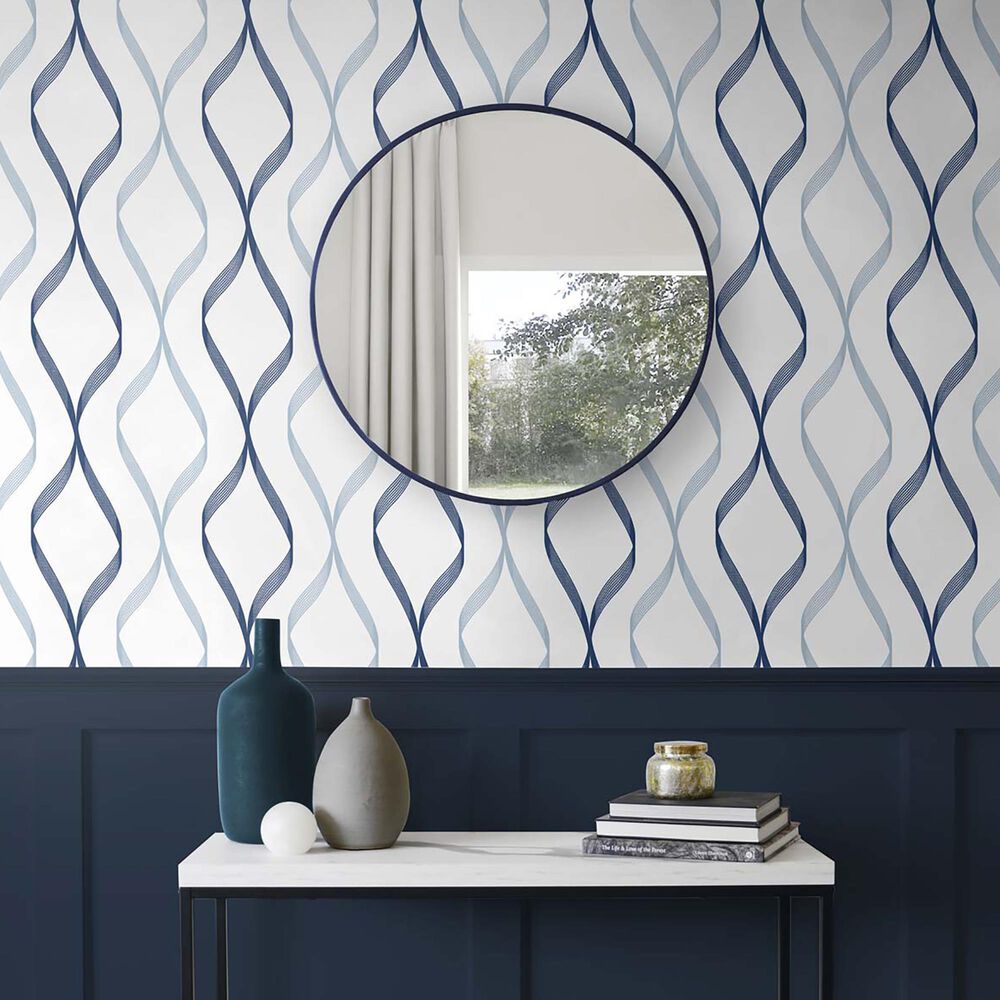 NextWall Ogee Ribbon 216&quot; x 20.5&quot; Peel and Stick Wallpaper in Celtic Blue and Dewdrop, , large