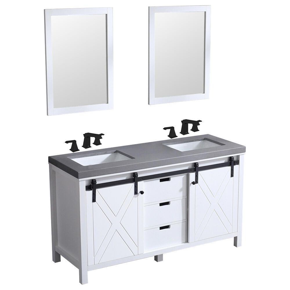 Lexora Home Marsyas 60" Double Bathroom Vanity in White with Grey Quartz Top, Rectangle Sinks, Matte Black Faucets and Mirrors, , large
