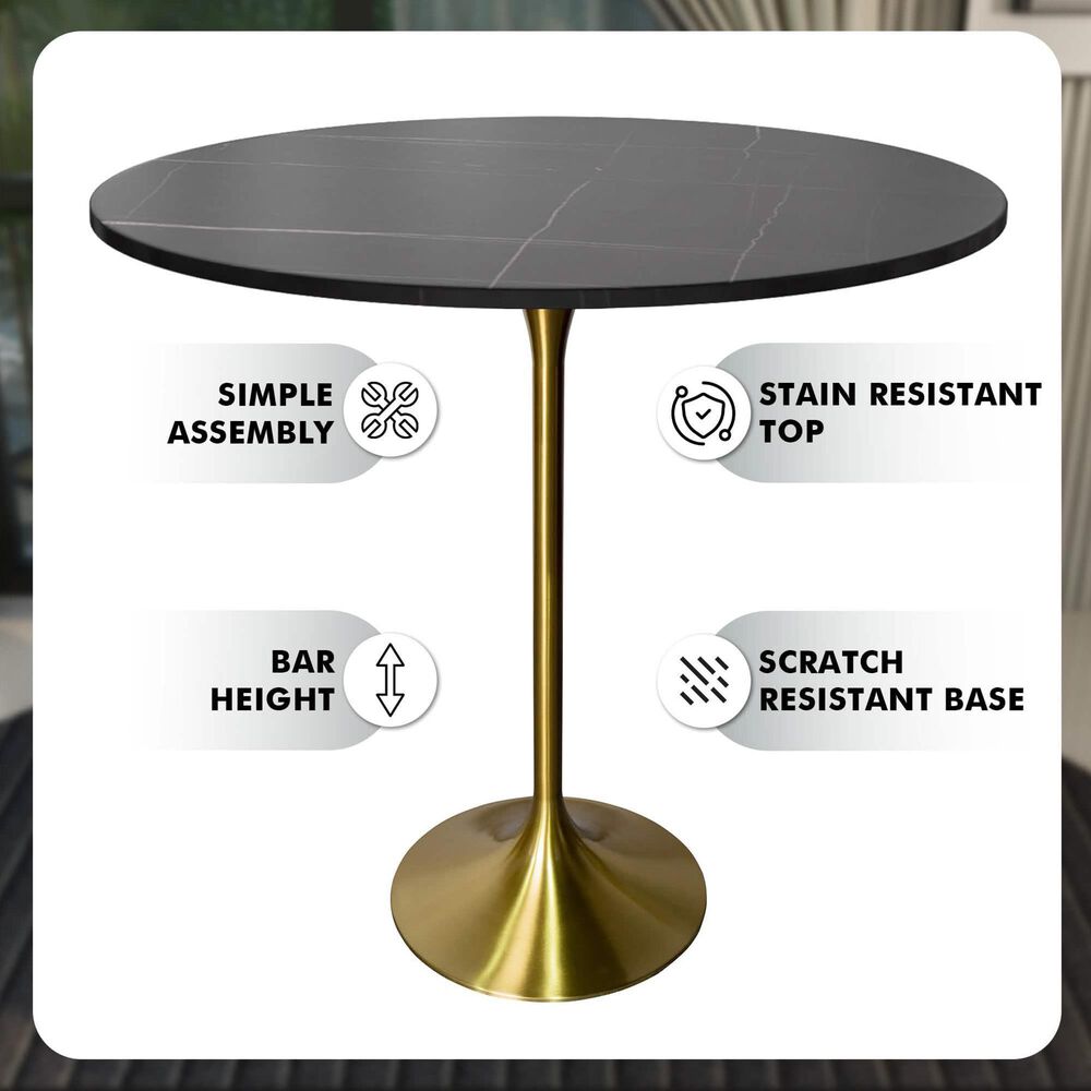 Leisuremod LeisureMod Verve Collection Modern Bar Height Table Brushed Gold Base with 48 Round Black Marbelized Sintered Stone Top, , large