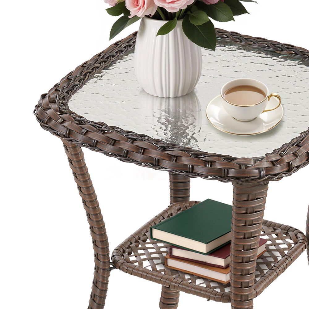Hearth and Haven 23" Outdoor Wicker Side Table with Glass Top in Brown, , large