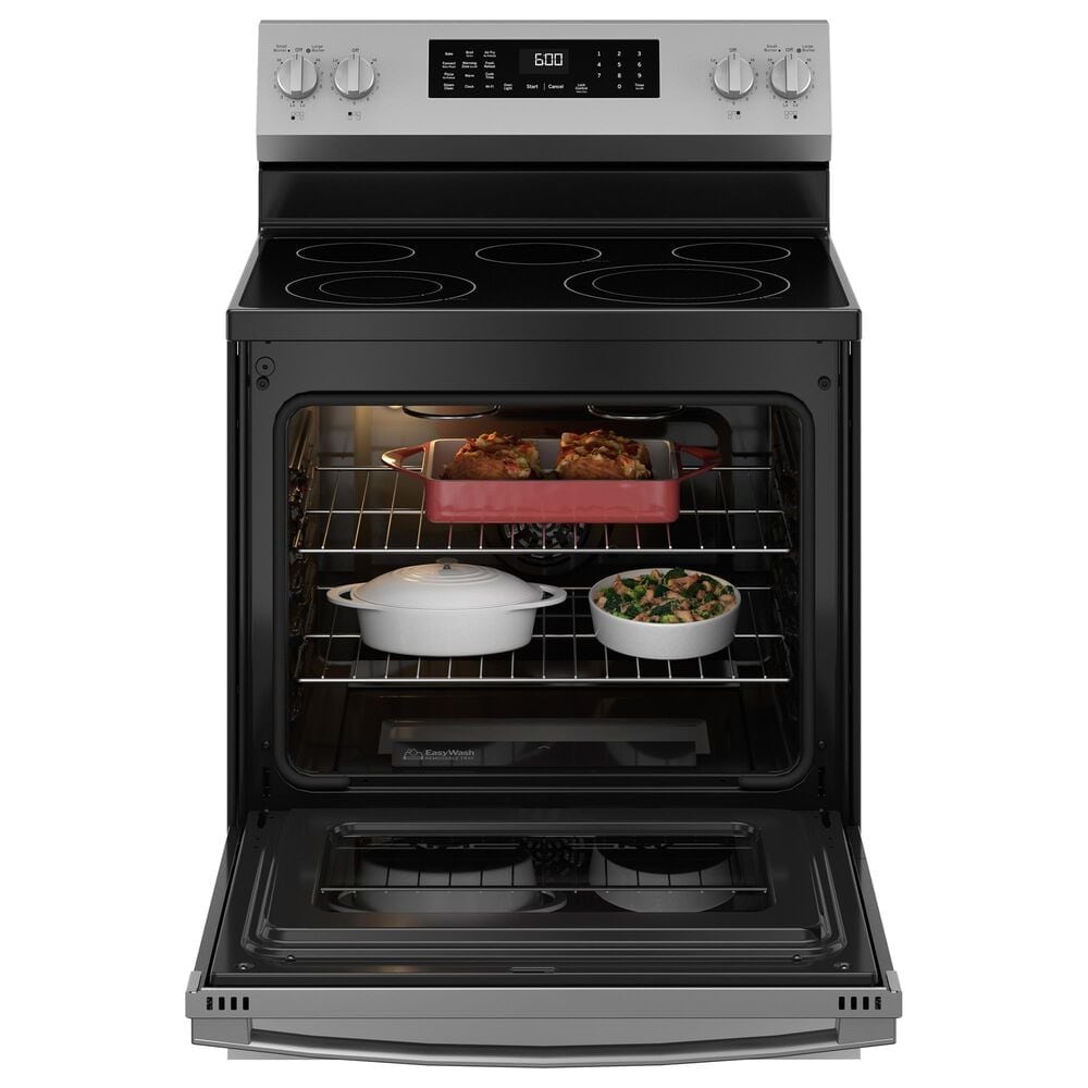 GE Appliances 2-Piece Kitchen Package with 5.3 Cu. Ft. Free-Standing Electric Range and 1.9 Cu. Ft. Over-The-Range Microwave in Stainless Steel and Black, , large