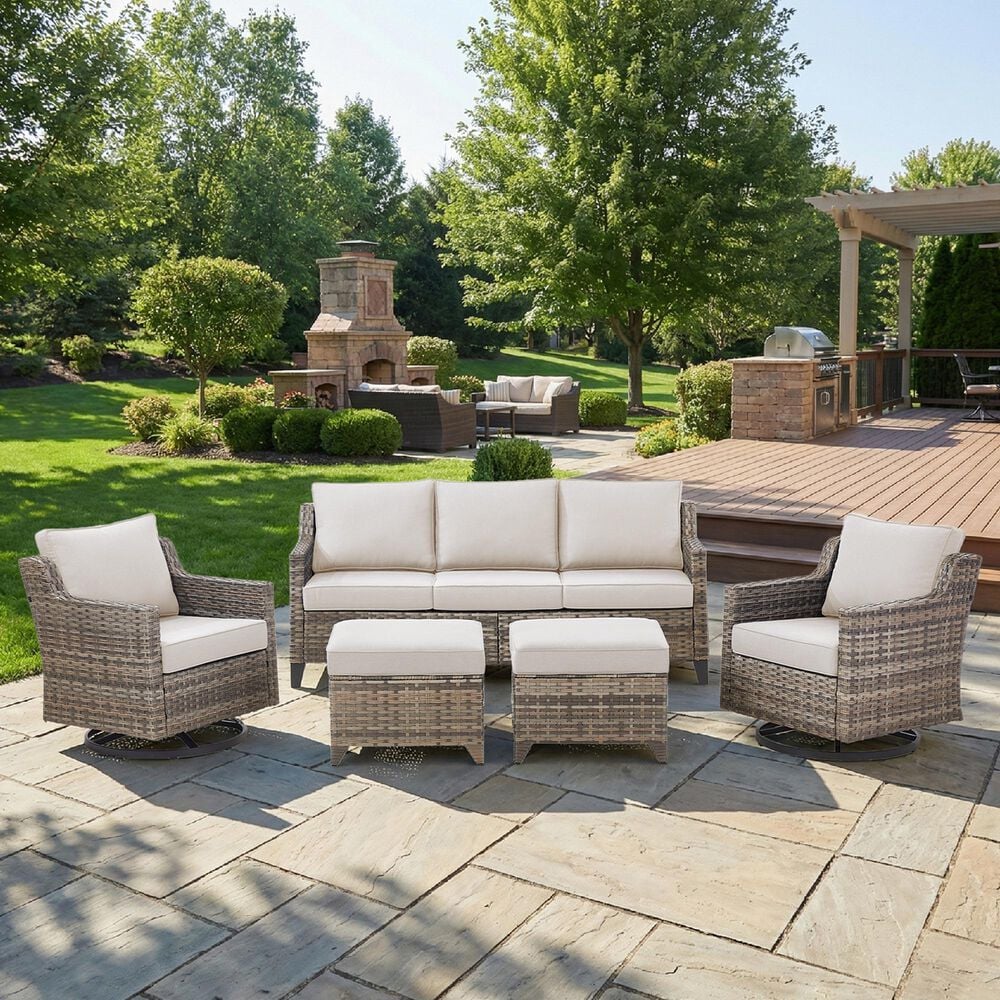 Sunwell Garden 5-Piece Patio Chat Set with Two Swivel and Gliding Chairs in Beige, , large