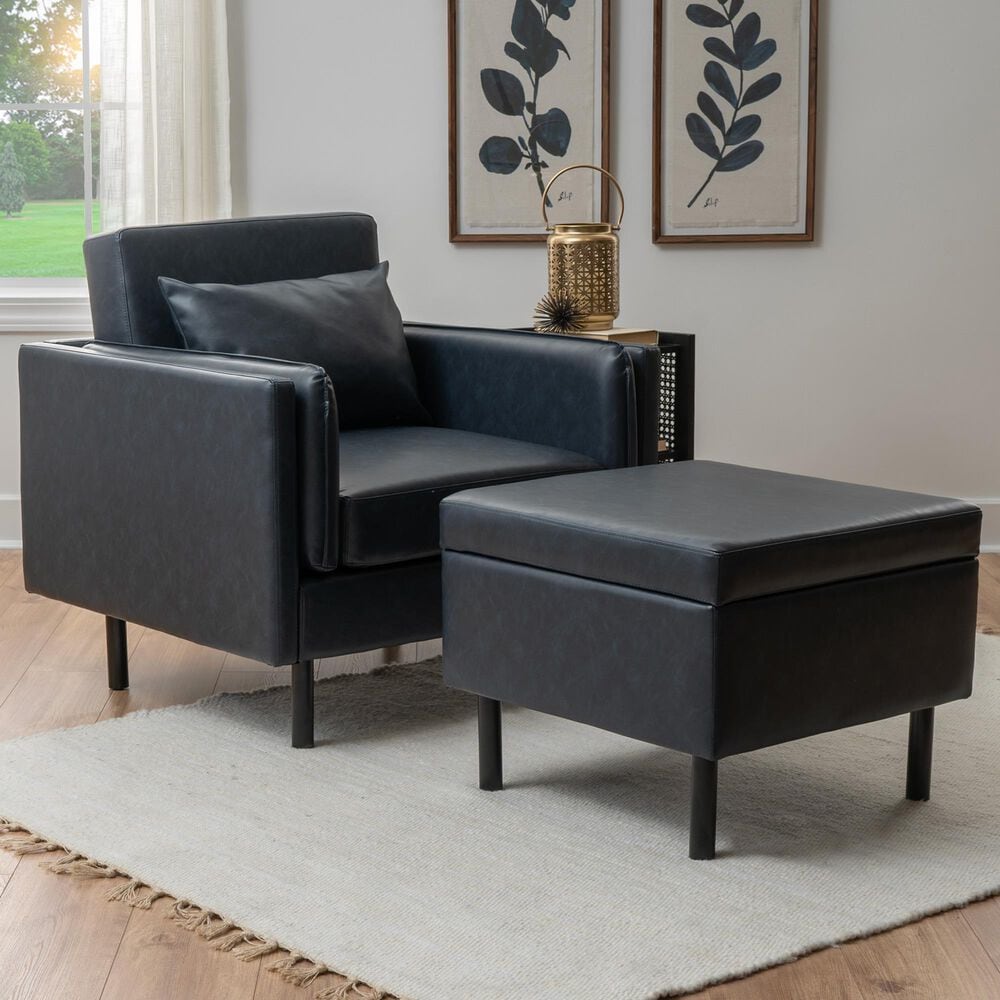 Linon Home Decor Wallis Accent Chair with Ottoman in Navy, , large