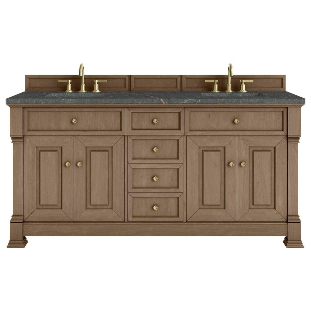 James Martin Vanities Brookfield 72&quot; Double Bathroom Vanity in Pecan with 3cm Parisien Bleu Quartz Top and Rectangular Sinks, , large