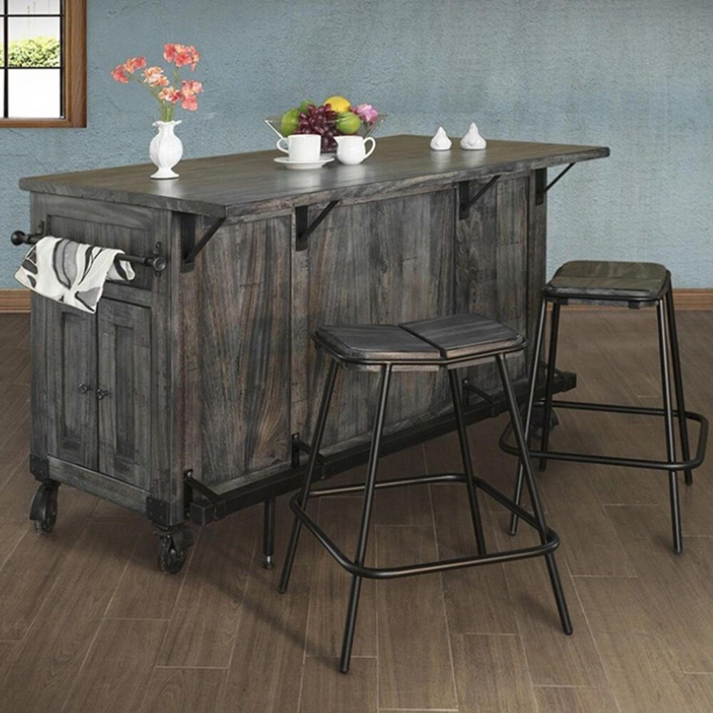 Fallridge Moro 3-Piece Kitchen Island and Stool Set in Warm Gray, , large