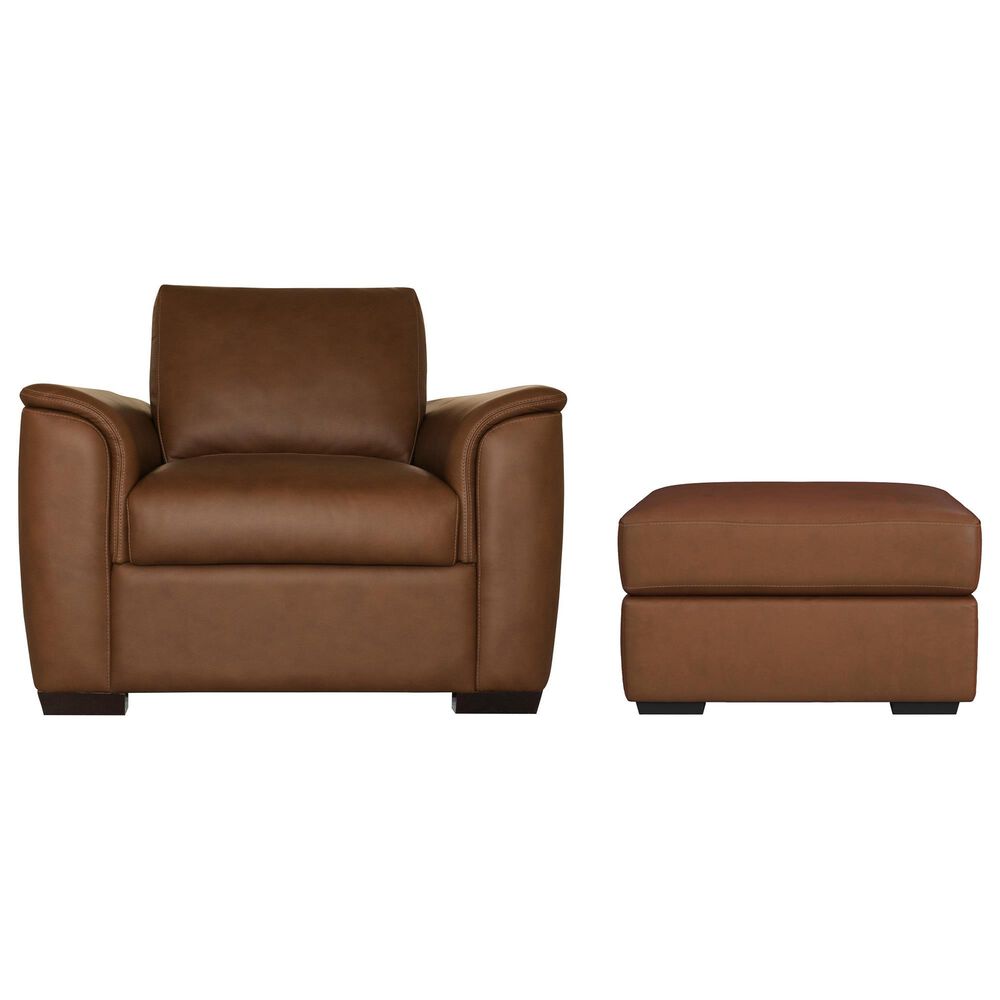 Flexsteel Henry Stationary Leather Chair and Ottoman Set in Caramel, , large