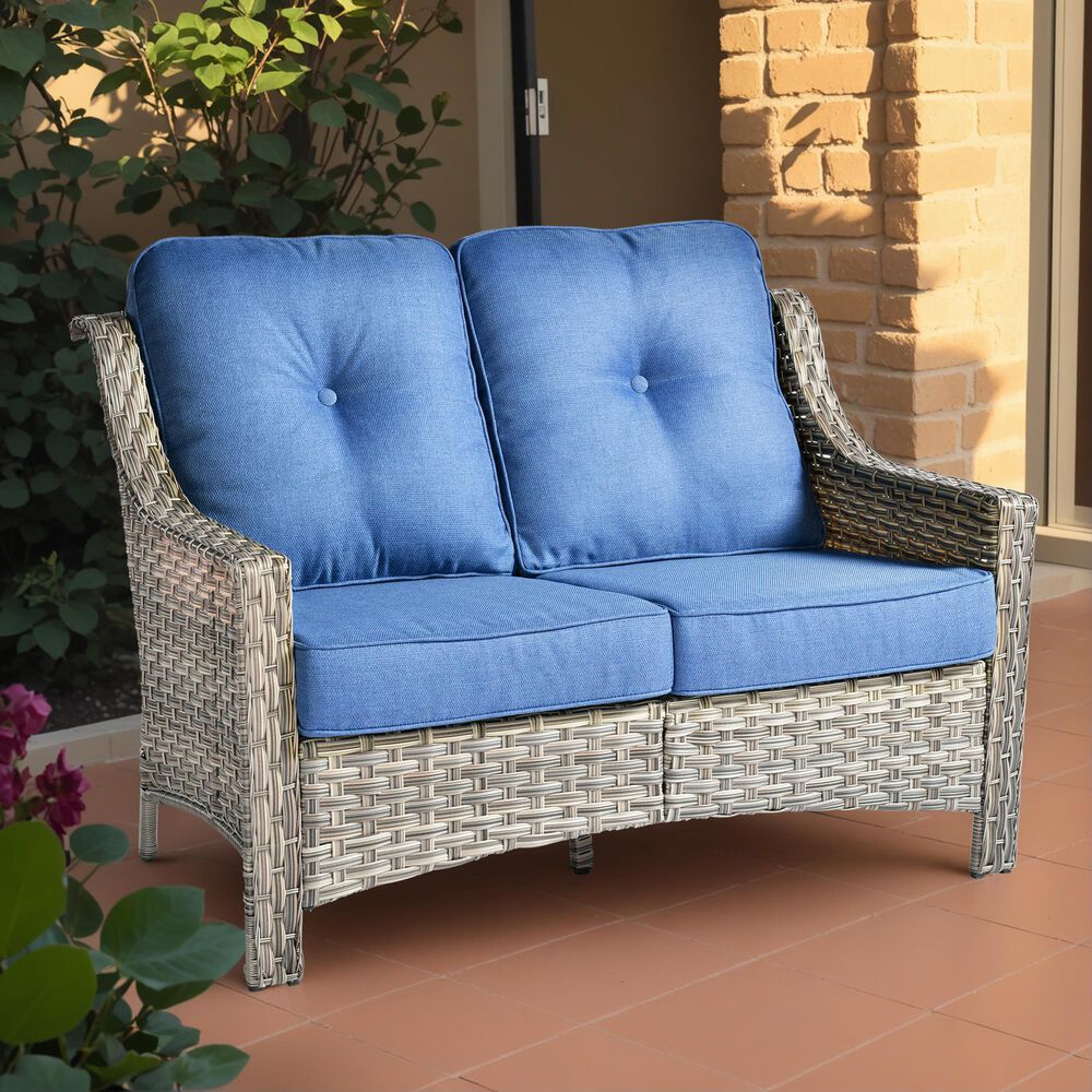 HOMLUX Outdoor Rattan Loveseat with Ergonomic in Diamond Blue, , large