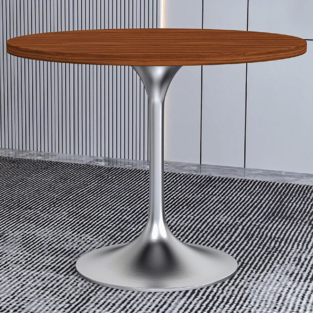 Leisuremod LeisureMod Verve Collection 36 Round Dining Table, Brushed Chrome Base with Cognac Brown MDF Top, , large