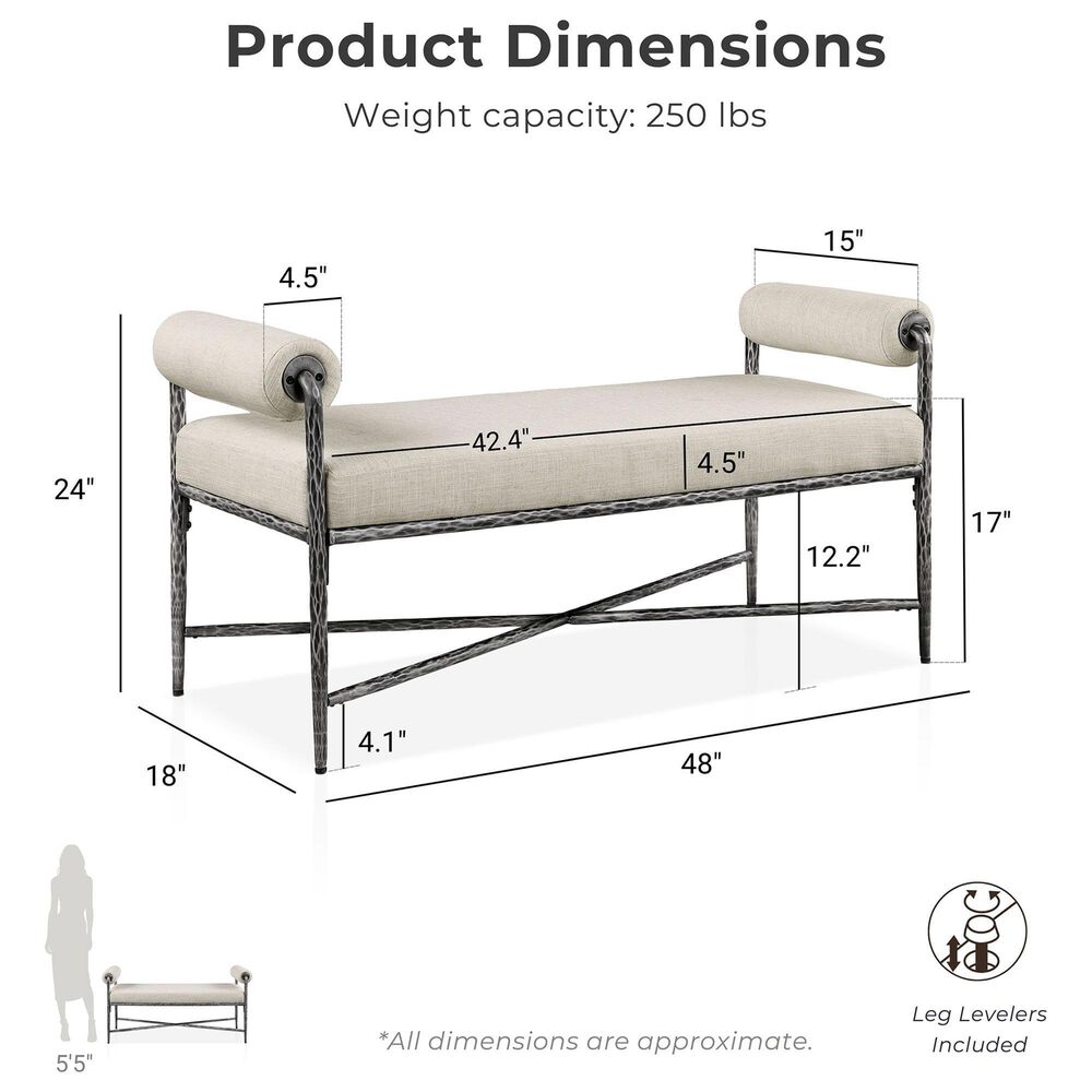 Furniture of America Lalia Hammered Metal Upholstered Bench in Gun Metal, , large