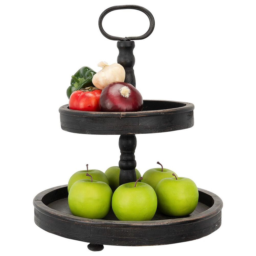 Creative Coop 2-Tier Tray with Metal Handle in Distressed Black, , large