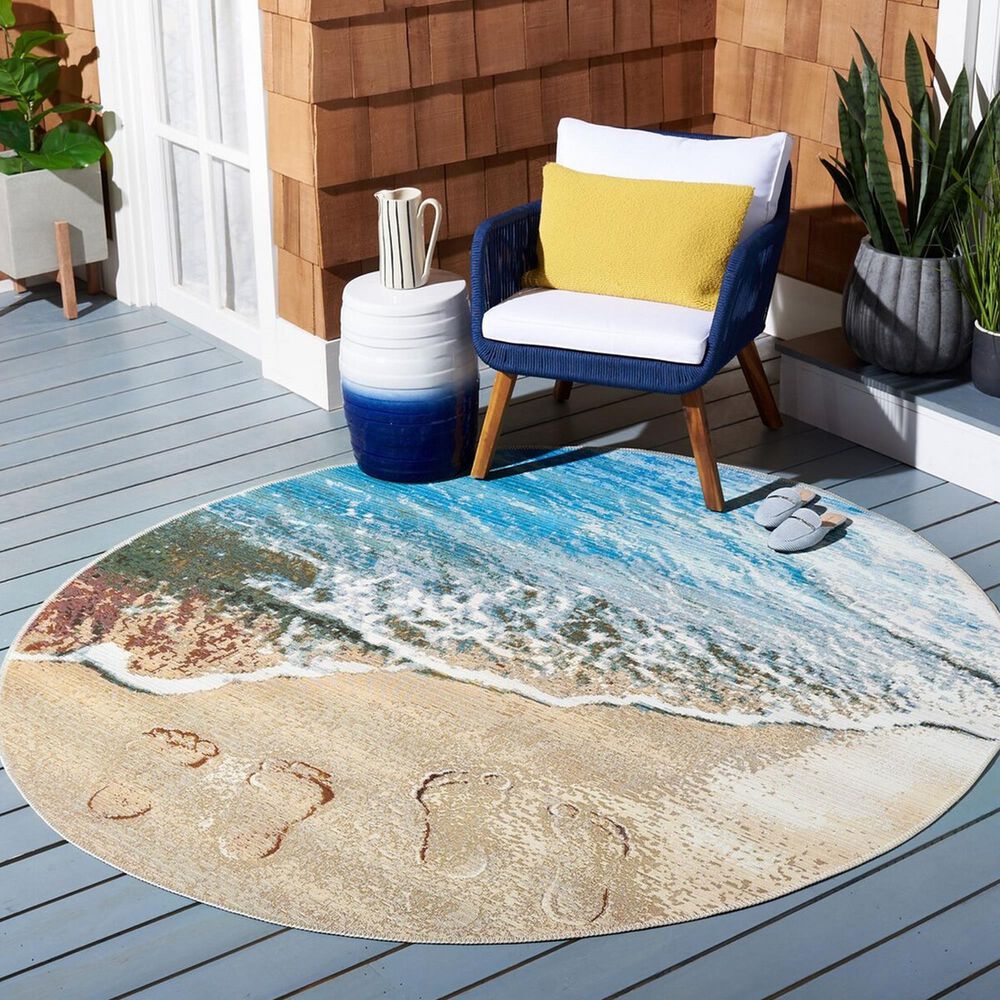 Safavieh Barbados Tropical Beach  5'3" Round Gold and Blue Indoor/Outdoor Area Rug, , large