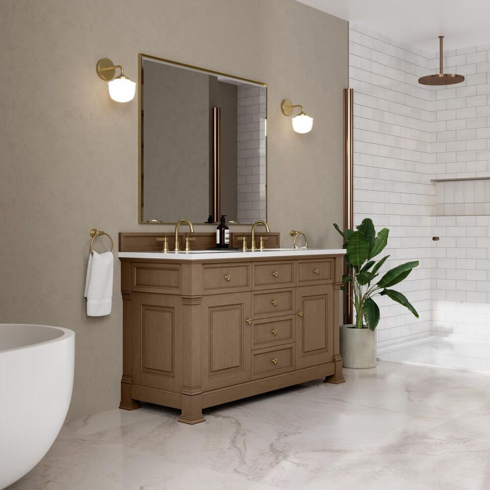 James Martin Vanities Brookfield 60&quot; Double Bathroom Vanity in Pecan with 3 cm White Zeus Quartz Top and Rectangular Sinks, , large