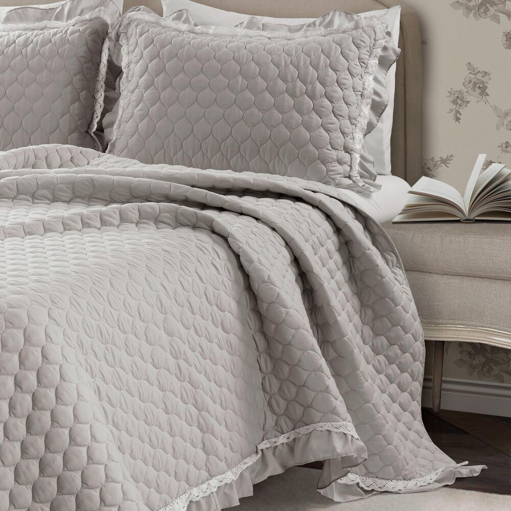 Triangle Home Fashions Ella Ruffle Lace 3-Piece King Quilt Set in Light Gray, , large