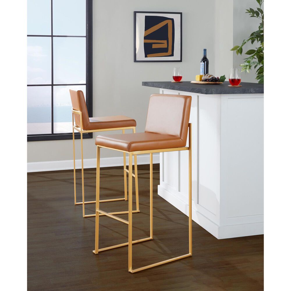 Lumisource Fuji High Back Barstool with Camel Faux Leather in Gold &#40;Set of 2&#41;, , large