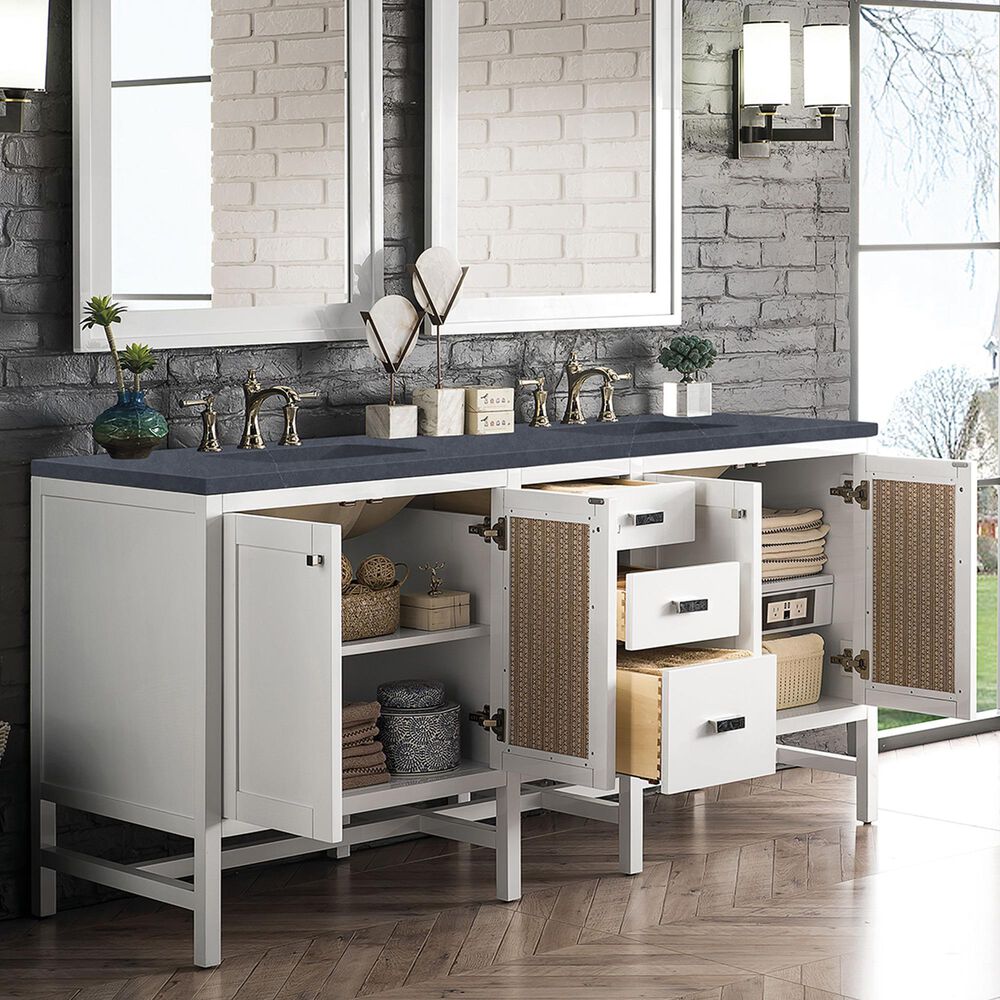 James Martin Vanities Addison 72&quot; Double Bathroom Vanity in Glossy White with 3 cm Charcoal Soapstone Quartz Top and Rectangular Sinks, , large