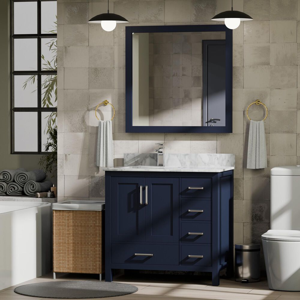 Lexora Home Jacques 36" Left Offset Single Bathroom Vanity in Navy Blue with 2 cm White Carrara Marble Top and Rectangular Sink, , large