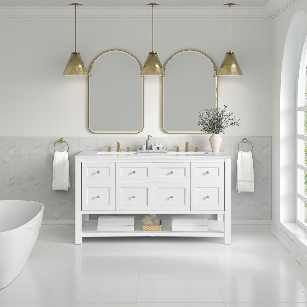 James Martin Vanities Breckenridge 60&quot; Double Bathroom Vanity in Bright White with 3 cm Arctic Fall Solid Surface Top and Rectangular Sinks, , large