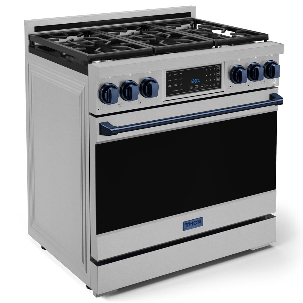 THOR KITCHEN Gordon Ramsay 6 Cu. Ft. 36&quot; Professional Liquid Propane Range with Navy Blue Handle Kit in Stainless Steel, , large