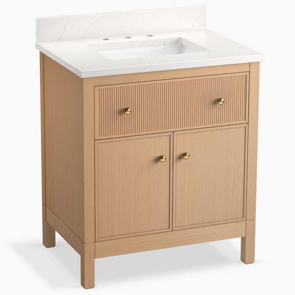 Kohler Malin 30" Single Bathroom Vanity in White Oak with 3 cm White Quartz Top and Rectangular Sink, , large
